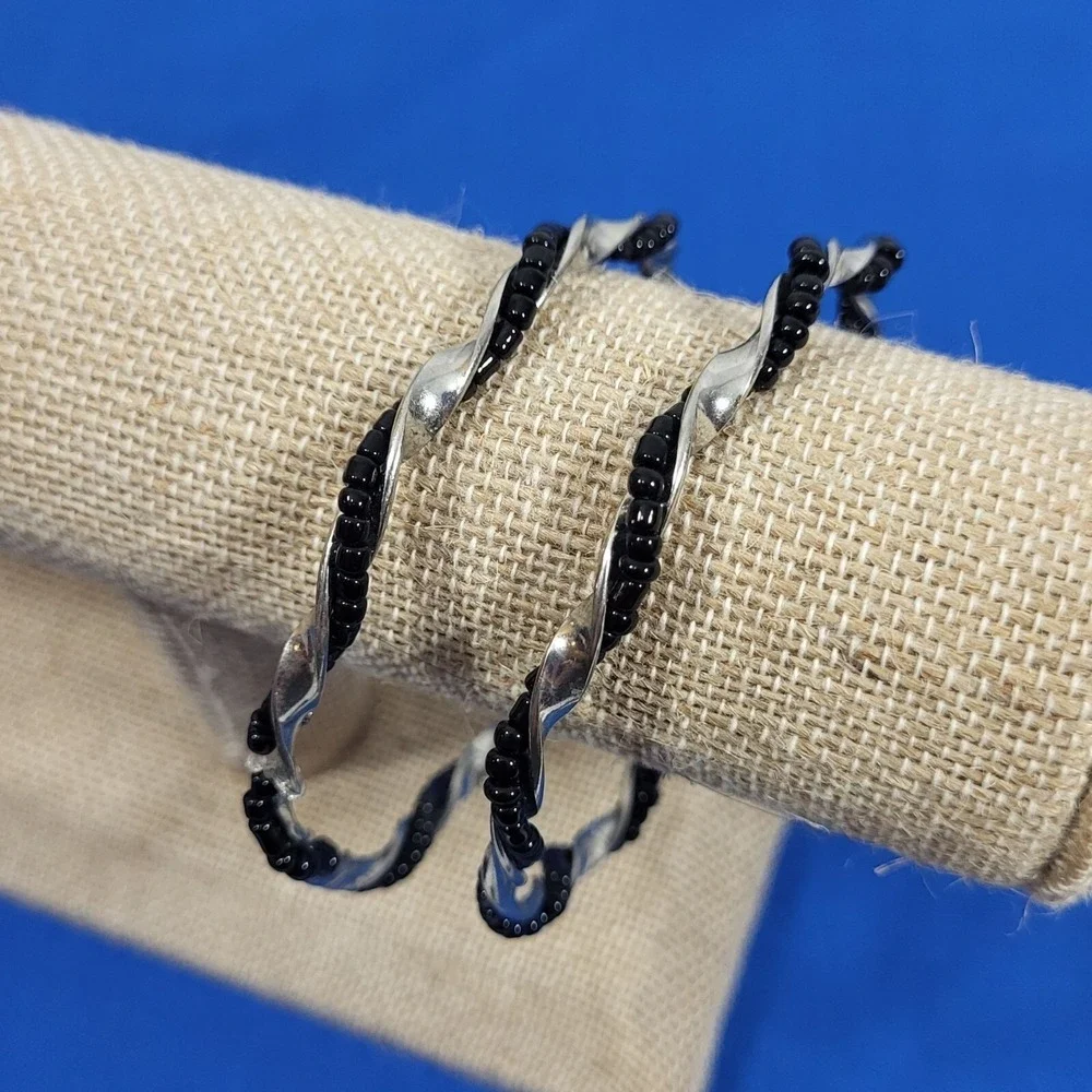 Twisted‎ Black & Silver Beaded Bracelets Bangles Set Of 2